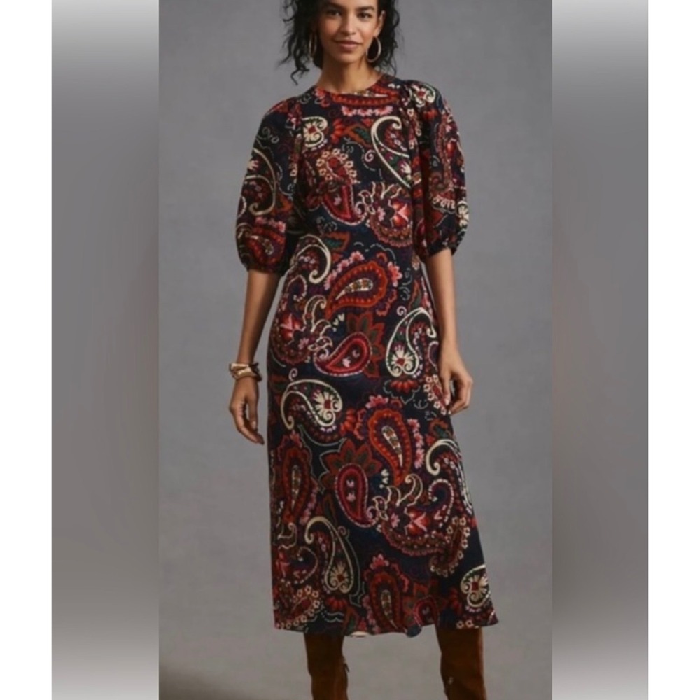 Kachel Anthropologie Paisley Puff Sleeve Maxi Dress Multi Color Boho Women M